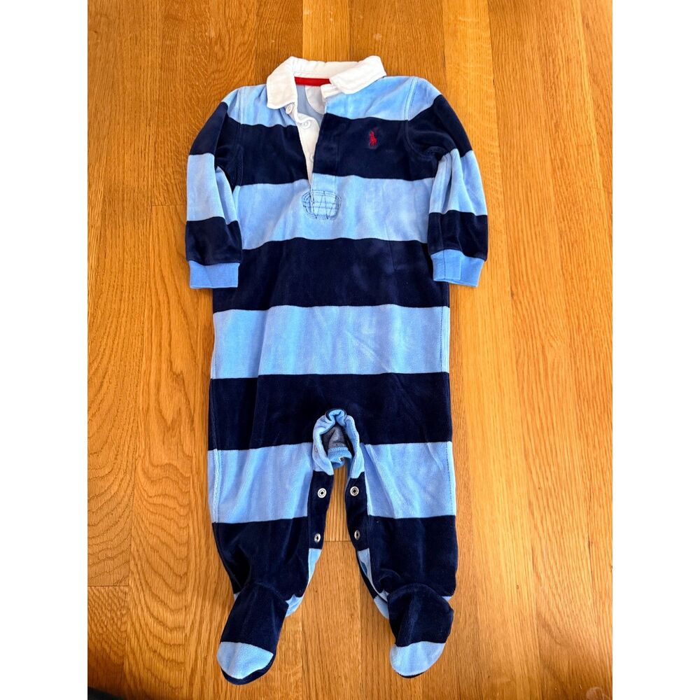 Polo Ralph Lauren Baby Boy Velour Rugby Striped Footed Coverall 9M NWOT